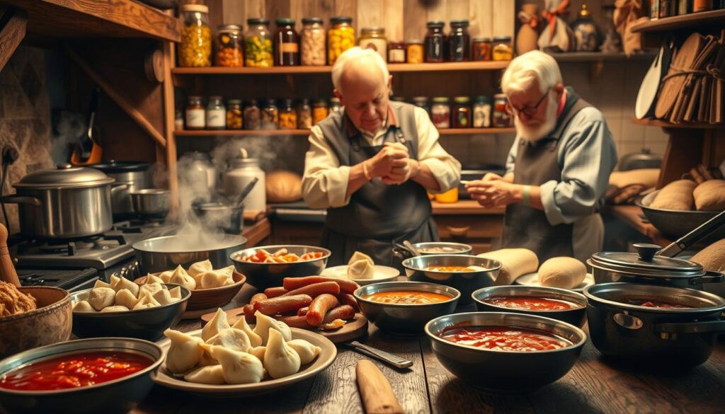 A bustling kitchen scene showcasing the rich culinary heritage of Poland. In the foreground, a traditional wooden table laden with an array of local delicacies - pierogi, kielbasa sausages, and bowls of hearty borscht. Steaming hot pots and pans on the stove, their aromas mingling with the scent of freshly baked bread. In the middle ground, elderly hands expertly knead dough, passing down generations-old recipes. The background features rustic shelves stocked with jars of pickled vegetables, preserves, and regional spices. Warm, golden lighting casts a cozy glow, evoking the comfort and nostalgia of Polish culinary traditions. A sense of timelessness and cultural heritage permeates the scene.