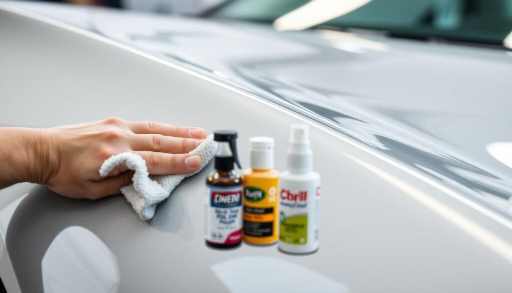 A close-up view of a car's painted surface, showcasing the intricate details of its clear coat. The lighting is soft and diffused, accentuating the subtle curves and contours of the body panel. The foreground features a hand gently wiping the surface with a microfiber cloth, highlighting the process of paint maintenance. In the middle ground, various detailing products, such as polishes and sealants, are neatly arranged, suggesting the tools necessary for comprehensive car care. The background blurs softly, creating a sense of focus and attention on the delicate task of preserving the vehicle's lustrous finish.