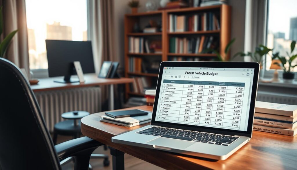 A cozy home office scene with a desktop computer, desk, and chair in the foreground. In the middle ground, an open laptop displays a spreadsheet with budgetary figures. The background features shelves of personal finance books and a large window overlooking a sunny urban landscape. Soft, natural lighting creates a warm, inviting atmosphere. The composition emphasizes the thoughtful process of determining one's vehicle budget, with a sense of organization and careful planning.