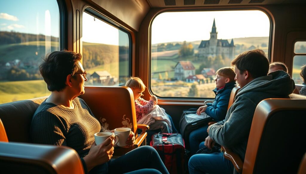 A cozy train interior, with passengers gazing out of the panoramic windows as the Polish countryside rolls by. Warm lighting filters through the carriage, casting a golden glow on the plush seats and polished wood accents. In the foreground, a couple sip steaming cups of coffee, their faces reflecting the tranquil atmosphere. In the middle ground, a young family unpack their travel bags, excitement palpable. The background reveals verdant hills, quaint villages, and the occasional historic castle or manor house, hinting at the diverse landscapes waiting to be explored by rail. The overall scene conveys the unhurried, contemplative joy of train travel, inviting the viewer to imagine themselves on a slow, scenic journey through the heart of Poland.
