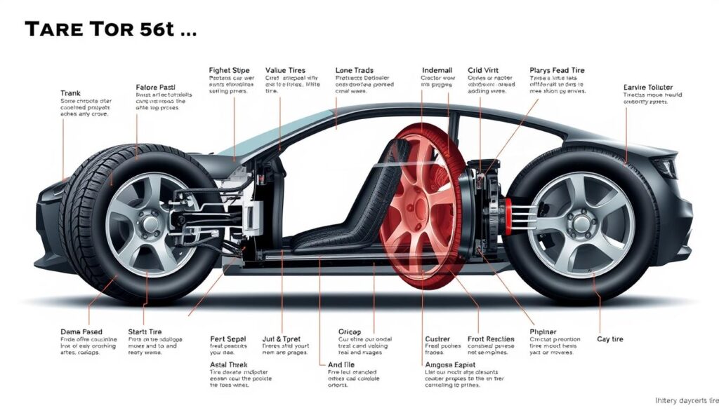 A detailed diagram of car tires, showcasing the various components and their functions. The image should have a clean, technical aesthetic, with a plain background that allows the tires to be the focal point. Capture the tread patterns, sidewall construction, and other key tire features in high detail, using a perspective that provides a clear, comprehensive view. Incorporate subtle lighting to highlight the textures and materials, creating a sense of depth and dimensionality. The overall atmosphere should convey a sense of precision and educational value, suitable for an article on tire choices and seasonal considerations.
