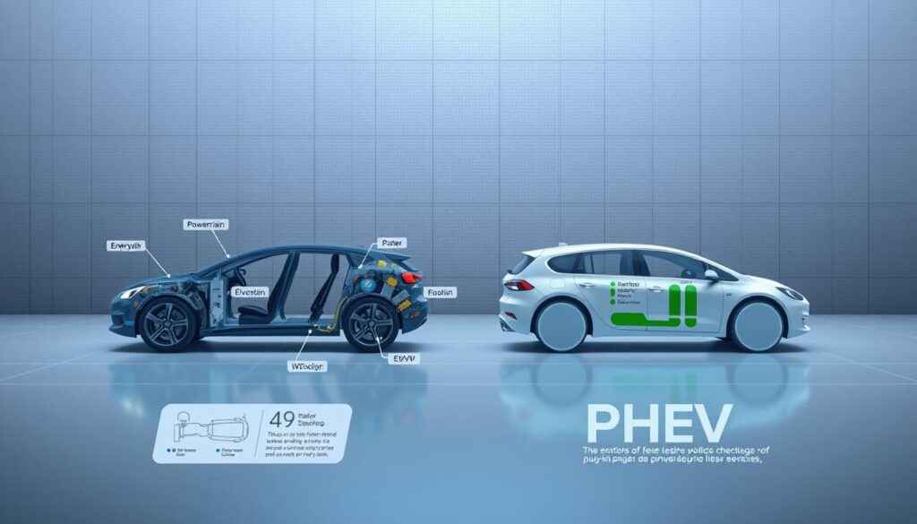 A detailed technical illustration showcasing the definitions and key characteristics of electric vehicles (EVs) and plug-in hybrid electric vehicles (PHEVs). The image should have a clean, technical, and educational aesthetic. The foreground should depict labeled diagrams or schematics of the powertrain components and energy flow for both EV and PHEV configurations. The middle ground should include annotated side-profile vehicle silhouettes to visually distinguish the two types. The background should feature a minimalist, textured gradient or grid pattern to provide visual interest and context. Lighting should be bright and evenly distributed, with a slightly cool color temperature to convey a sense of precision and clarity. The perspective should be isometric or slightly angled to maximize the visibility of the key details.