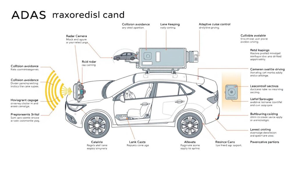 A detailed technical schematic diagram showcasing the key components and functionality of an Advanced Driver Assistance System (ADAS). The image should feature a clean, minimalist design with a white background, allowing the ADAS elements to stand out. Prominently display the radar, camera, and sensor modules that make up the core ADAS hardware, along with annotated explanations of their roles in collision avoidance, lane keeping, adaptive cruise control, and other advanced driving features. Use a technical, engineering-oriented illustration style with precise linework and typography to convey the complex, cutting-edge nature of modern ADAS technology.