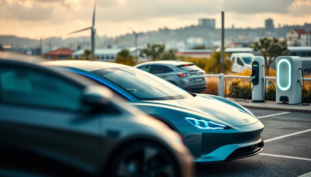 A high-quality, detailed illustration of the introduction to electric and plug-in hybrid electric vehicles (PHEVs). The image depicts a modern electric car in the foreground, sleek and aerodynamic, with glowing blue accents. In the middle ground, a PHEV model is shown, its hybrid powertrain and charging port visible. The background features a cityscape with charging stations, renewable energy sources, and a clean, sustainable atmosphere. The lighting is soft and diffused, creating a warm, inviting tone. The perspective is slightly elevated, allowing the viewer to take in the full scope of the scene. Technical details such as camera angle, lens, and post-processing techniques should be optimized to present the subject matter in the most visually compelling and informative manner.