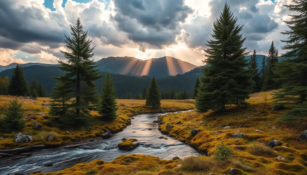 A picturesque landscape of the Bieszczady Mountains, Poland. Rugged, forested hills undulate in the distance, capped by a dramatic sky of billowing clouds. In the foreground, a crystal-clear mountain stream winds its way through a lush, mossy glade, flanked by towering fir trees. Shafts of warm, golden light filter through the canopy, casting a serene, tranquil atmosphere. The scene evokes a sense of unspoiled natural beauty, perfect for eco-friendly outdoor adventures beyond the tourist crowds. The overall impression is one of tranquility, solitude, and a deep connection with the untamed wilderness of the Bieszczady region.