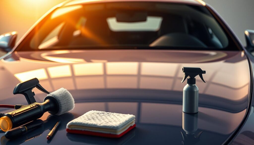A pristine car's surface, meticulously polished under the warm glow of natural sunlight, reflecting the vibrant hues of its meticulously maintained exterior. In the foreground, a collection of specialized detailing tools and products, each designed to address a specific aspect of the car's care. The middle ground showcases the car's intricate design, the curves and contours accentuated by the precise application of these detailing techniques. In the background, a serene, minimalist setting, allowing the focus to remain on the car and the importance of the detailing process. The overall scene conveys a sense of dedication, attention to detail, and the transformative power of proper car care.