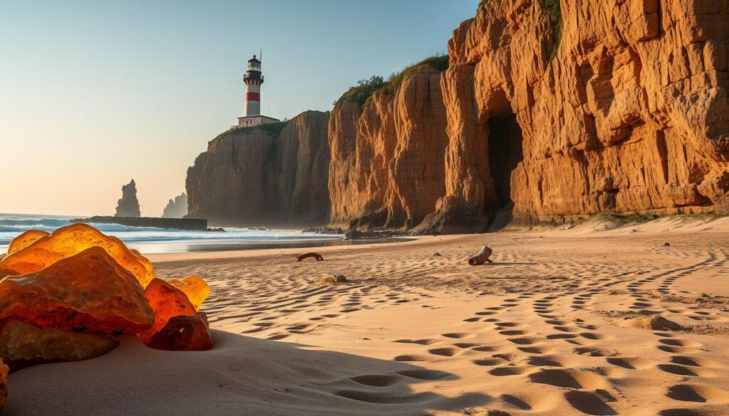 A rugged coastline along the shores of the Baltic Sea, with majestic cliffs and weathered lighthouses standing as sentinels against the crashing waves. The sun casts a warm glow over the scene, illuminating the natural treasures of the Baltic - ancient amber washed ashore, glistening in the sand, and the towering rock formations carved by the relentless forces of wind and water. In the distance, a beach stretches out, dotted with driftwood and the footprints of those who have come to witness the raw beauty of this timeless landscape. Capture the essence of the Baltic's enduring legacy, a testament to the power and resilience of nature.