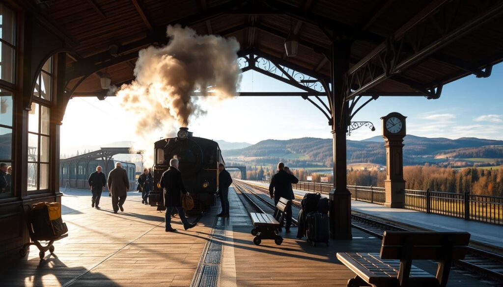 A scenic train station platform in Poland, illuminated by soft, natural light filtering through large windows. In the foreground, a vintage locomotive engine gently billows steam, its brass fittings gleaming. Passengers leisurely board the train, their luggage and coats hinting at the adventures that await. The middle ground features wooden benches, old-fashioned luggage carts, and a station clock keeping time. In the background, rolling hills and forests stretch out, suggesting the vast, picturesque landscapes that can be explored by rail. The overall atmosphere evokes a sense of nostalgia, anticipation, and the timeless charm of train travel in Poland.