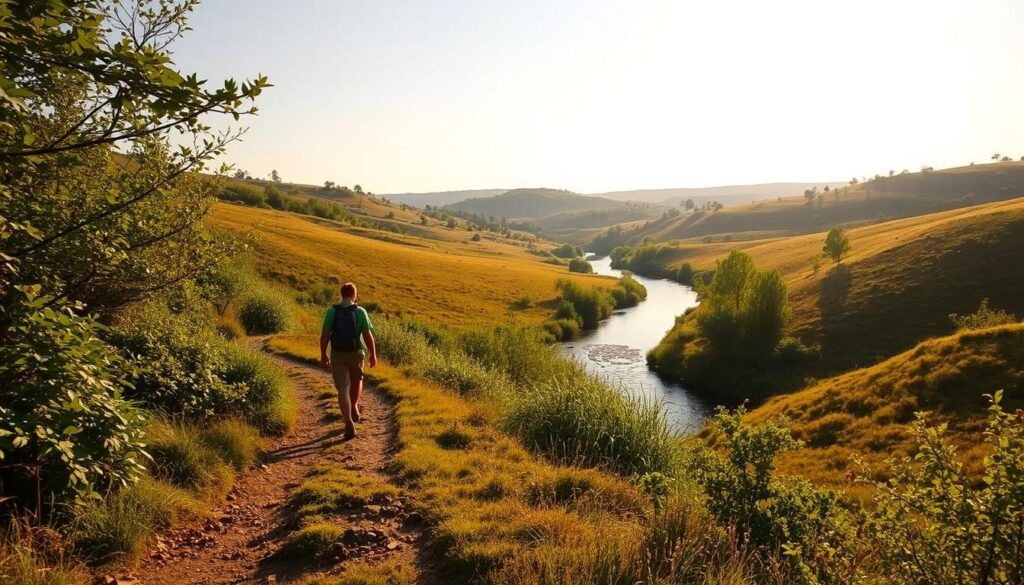 A serene countryside landscape, bathed in soft, golden sunlight. In the foreground, a lone hiker strolls down a winding, unpaved path, surrounded by lush, verdant foliage. The middle ground reveals a tranquil, meandering stream, its gentle currents reflecting the cloudless sky above. In the distance, rolling hills dotted with clusters of trees create a sense of peaceful seclusion, free from the crowds and bustle of urban life. The atmosphere is one of calm contemplation, inviting the viewer to imagine the restorative benefits of exploring these uncrowded, untrodden places.
