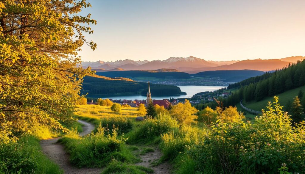 A serene landscape of undiscovered Polish treasures, bathed in warm, golden sunlight. In the foreground, a winding trail meanders through lush, verdant foliage, inviting the viewer to explore. The middle ground reveals a picturesque village, its quaint, historic buildings nestled between rolling hills and a tranquil lake. In the distance, majestic mountains rise, their peaks capped with snow, creating a breathtaking backdrop. The overall scene exudes a sense of tranquility and wonder, capturing the essence of Poland's hidden gems waiting to be discovered.