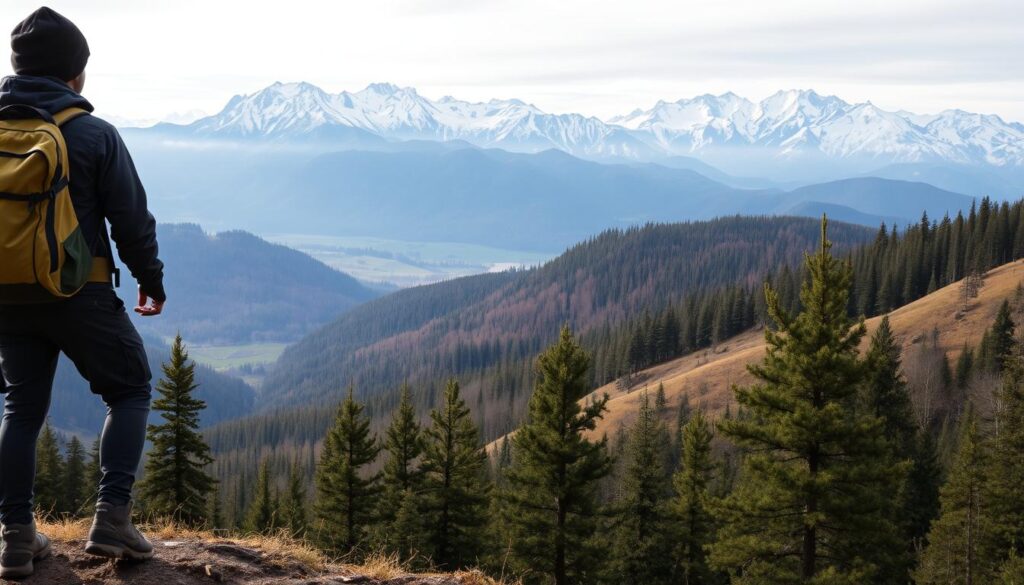 A serene mountain landscape during the off-season, showcasing the natural beauty of the Bieszczady, Tatry, and Sudety regions. The foreground features a hiker, clad in sustainable outdoor gear, standing on a well-marked trail and taking in the breathtaking panoramic view. In the middle ground, rolling hills and dense pine forests stretch out, their vibrant colors muted by the soft, diffused light of an overcast day. The background is dominated by the majestic, snow-capped peaks of the Carpathian mountains, their rugged silhouettes casting long shadows across the scene. The overall atmosphere is one of tranquility and environmental harmony, inviting the viewer to immerse themselves in the beauty of these untamed landscapes.