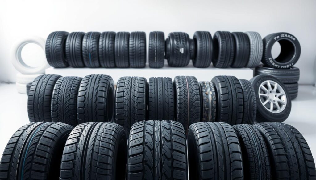 A still life arrangement showcasing a diverse collection of car tires, capturing the various types available on the market. The foreground features a selection of all-season, winter, and summer tires, each with distinct tread patterns and sidewall designs. The middle ground showcases cross-sections of the tires, revealing their internal structure and composition. The background is a clean, studio-like setting, with subtle lighting that highlights the textures and details of the tires. The overall composition conveys a sense of professionalism and technical expertise, suitable for an article section on "Rodzaje opon dostępnych na rynku".