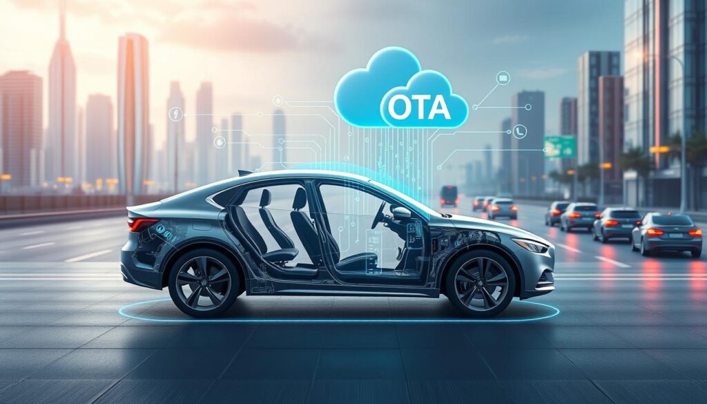 A technical diagram depicting over-the-air (OTA) software updates for advanced driver-assistance systems (ADAS). The foreground shows a sleek, modern car model with a cutaway view revealing its internal components, including sensors, processors, and communication modules. The middle ground features a 3D holographic representation of the OTA update process, with data streams and network connections visualizing the seamless transfer of software updates from the cloud. The background showcases a futuristic cityscape with towering skyscrapers, autonomous vehicles, and a vibrant, tech-driven atmosphere. The lighting is a combination of cool, blue hues and warm, yellow accents, conveying a sense of innovation and progress. The overall composition emphasizes the importance of OTA updates in enhancing the capabilities and performance of ADAS technologies.