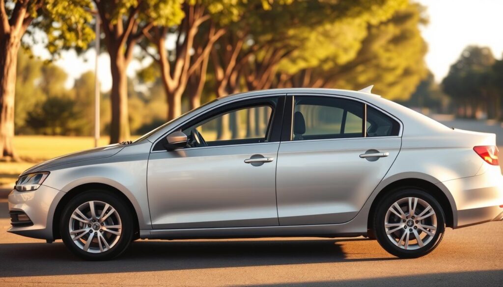 A well-maintained, mid-size sedan with a sleek, silver exterior parked on a sunny, tree-lined street. The car's chrome trim and alloy wheels gleam in the warm, afternoon light, conveying a sense of quality and sophistication. The interior is visible through the large, clear windows, hinting at the comfortable, practical space within. The background is blurred, creating a shallow depth of field that draws the viewer's attention to the car's elegant design. The overall mood is one of understated luxury and reliability, reflecting the benefits of purchasing a used vehicle that has been well-cared for.