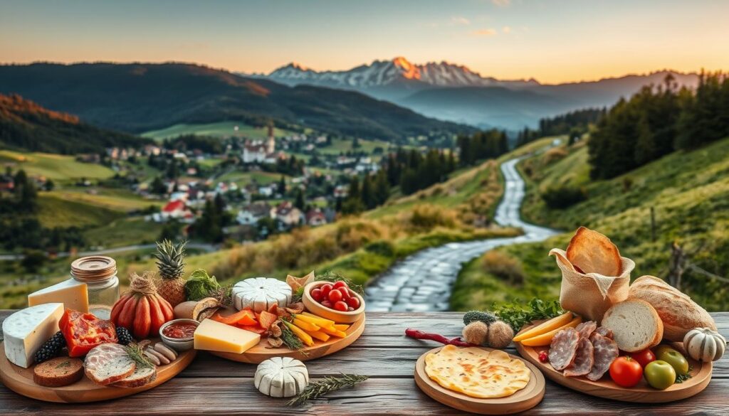 A winding path cutting through a lush, verdant landscape, lined with vibrant culinary delights. In the foreground, an array of regional specialties - artisanal cheeses, cured meats, freshly baked breads, and vibrant produce - artfully arranged on a wooden table. The middle ground showcases rolling hills dotted with charming villages, their picturesque houses and historic landmarks hinting at the unique cultural heritage of the region. In the distance, a majestic mountain range frames the scene, its peaks bathed in the warm glow of the setting sun, creating a serene and inviting atmosphere. The image conveys a sense of discovery, as if the viewer is embarking on a delightful culinary journey through the heart of the Polish countryside.