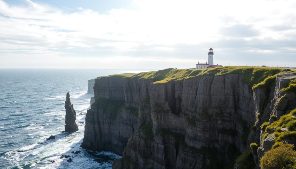 Dramatic cliffs overlooking the turbulent Baltic Sea, sculpted by centuries of wind and waves. Jagged rock formations in shades of gray and ochre, punctuated by lush green vegetation clinging to the edges. Sunlight filters through wispy clouds, casting dramatic shadows across the rugged landscape. In the distance, a historic lighthouse stands tall, a beacon guiding ships through the treacherous waters. The scene exudes a sense of timeless, untamed beauty, inviting the viewer to explore the wild and captivating coastline.